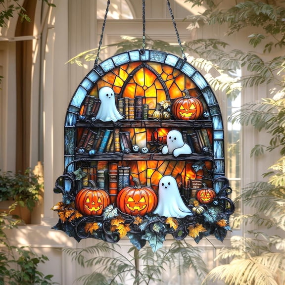 Ghost Bookshelf Faux Wavy Acrylic Wavy Acrylic Window Hanging - Halloween Decor With Pumpkins And Books For Spooky Library Vibes