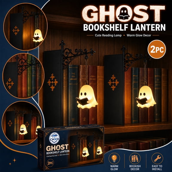 Ghost Bookshelf Lantern Decorative Lighting Cute Reading Lamp Shelf Bookcase Nook Warm Glow Hanging Library Insert Panel Novel Lover Gift Halloween Study Room Decor Spooky Home