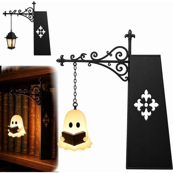 Ghost Bookshelf Lantern，Library Mini Bookshelf Lamp, Little Cute Lantern-Decorative Library Hanging Resin Lighting, Miniature Halloween Vintage Patchwork Reading Book LED Nightlight