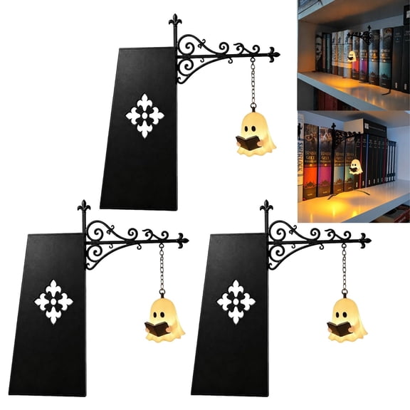 Ghost Bookshelf Lantern, Vintage Ornate Gothic Book Nook Insert Hanging Lighting, Warm White LED Nightlight Reading Sitter Decor