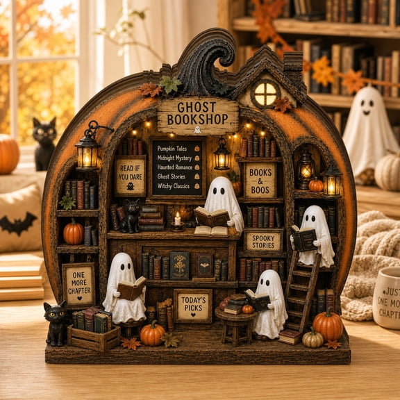 Ghost Bookshop Wooden Block Tabletop Decor for Halloween Book Lovers