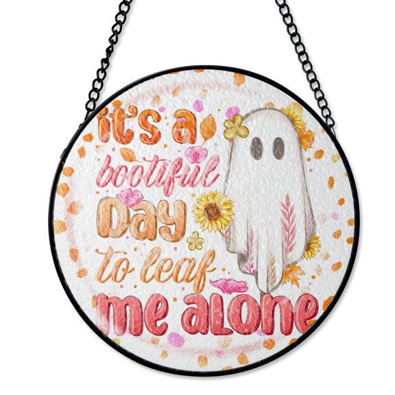 Ghost Bootiful Day Wreath Stained Glass Suncatcher UV Printed Glass Cute Halloween Spirit Round
