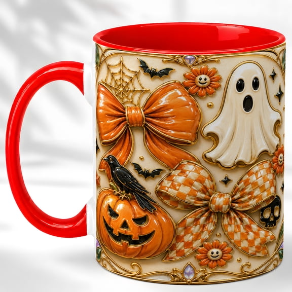Ghost Bow Coffee Mug, Halloween Pumpkin Mug, Ceramic 11 oz