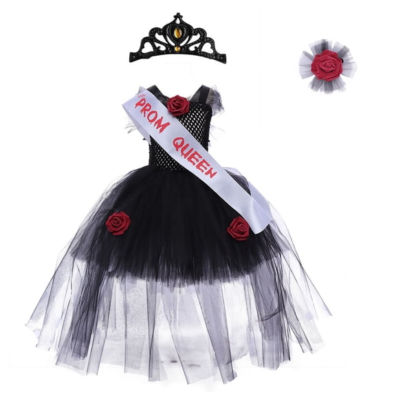 Ghost Bride Costume Dress with Trailing Mesh Tulle Overlay and Puffy Skirt Silhouette for Halloween Party Role Play Performance Black