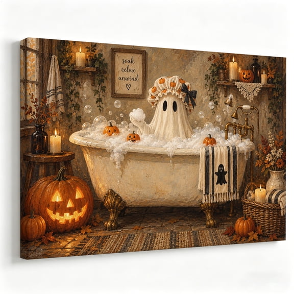 Ghost Bubble Bath Wall Art, Clawfoot Tub with Pumpkins and Candlelight Print, Funny Halloween Decor for Powder Room or Guest Bathroom 16×24 inch