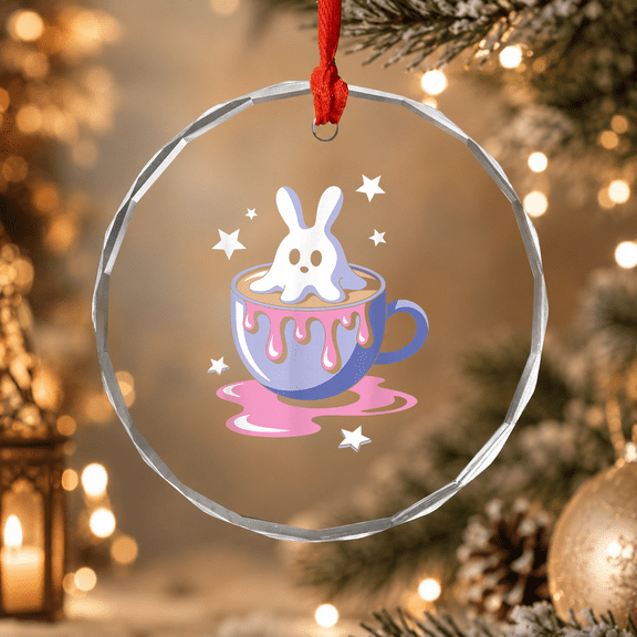 Ghost Bunny Coffee Kawaii Gothic Cute Pastel Goth Ornament, Holiday Decor, Circle Glass Ornament