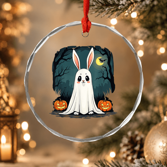 Ghost Bunny Halloween Boohop Cute Ghost Bunny Ornament, Holiday Decor, Circle Glass Ornament