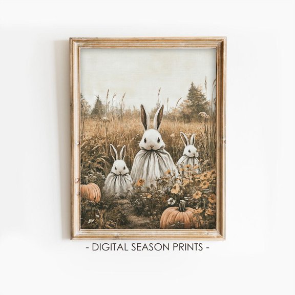 Ghost Bunny Halloween Wall Art Print, Rustic Cottagecore Autumn Decor