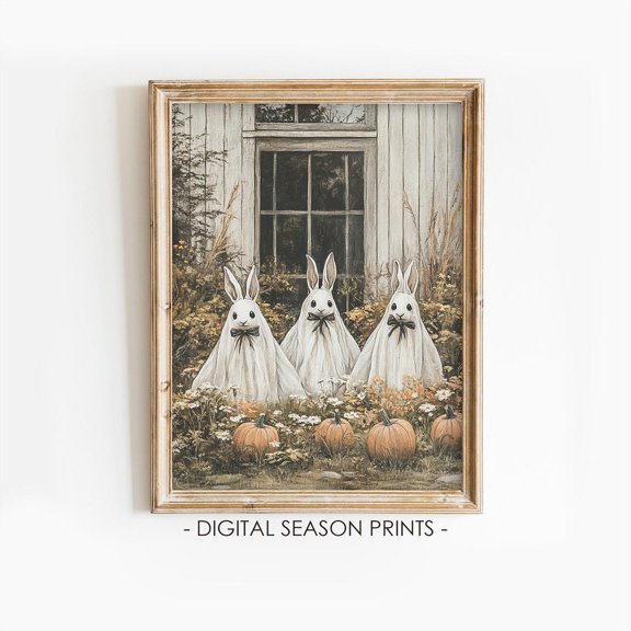 Ghost Bunny Rustic Halloween Rabbit Trio With Pumpkins