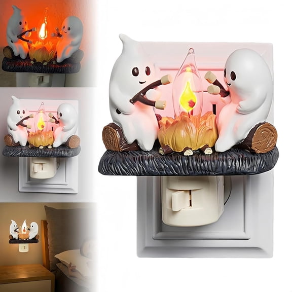 Ghost Campfire Flickering Night Light,Ghost Campfire Nightlight,Ghost Roasting Marshmallows Night Light, LED Spooky Nightlight Plug in, Funny Halloween Nightlight Indoor Decorations(Style01)