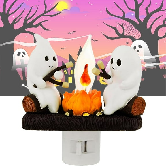 Ghost Campfire Flickering Night Light, Ghosts Campfire Flicker Flame Halloween Nightlight, 3D LED Small Electric Faux Campfire Night Light, Spooky Fire Marshmallow Night Light Halloween Gifts