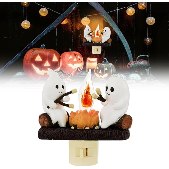 Ghost Campfire Flickering Night Light, Ghosts Campfire Flicker Flame Halloween Nightlight, 3D LED Small Faux Campfire Night Light, Halloween NighGhost Campfire Flickering Night Light, White