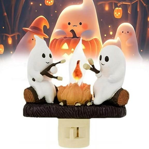 Ghost Campfire Flickering Nightlight 2024-2 Ghosts Roasting Marshmallows at Campfire - 3D Spooky Fire Marshmallow Night Light - Cute Ghost Campfire Light Halloween Indoor Decor