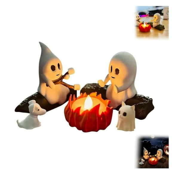 Ghost Campfire Gathering Decor, Halloween Ghosts Smores with Dog & Cat Scene, 2025 Cute Halloween Ghost Campfire Flickering Night Light, 3D Spooky Figurine Set Ornaments Decor