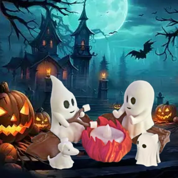 Ghost Campfire Gathering Decor, Halloween Ghosts Smores with Dog Scene, Cute Halloween Ghost Campfire Flickering Night Light, 3D Spooky Figurine Set Ornaments Decoration for Home Decoration