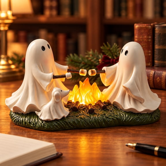 Ghost Campfire Gathering Lighted Figurine, Hand-Painted Resin Halloween Tabletop Decor with Marshmallow Roasting Ghosts for Indoor Display