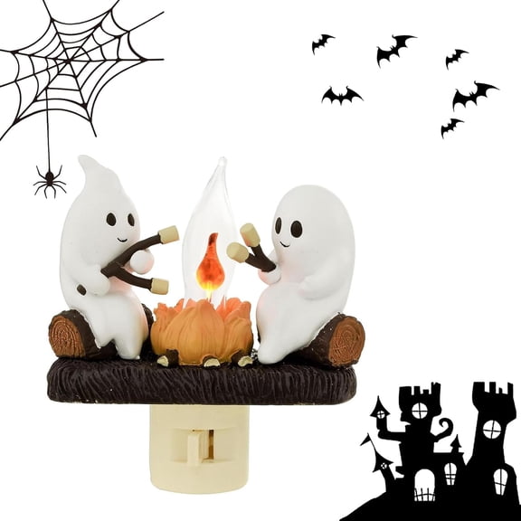 Ghost Campfire Night Light, 2024 New Ghost Campfire Flickering Nightlight, 3D LED Small Faux Campfire Night Light, Funny Halloween Nightlight Indoor Decorations (White-2PCS)