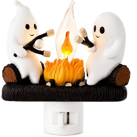 Ghost Campfire Night Light, 3D Plug-in Wall Flickering Flame Marshmallow Ghost Lamp, Halloween Decor Flicker Fire Ambient Light for Spooky Season Home Styling