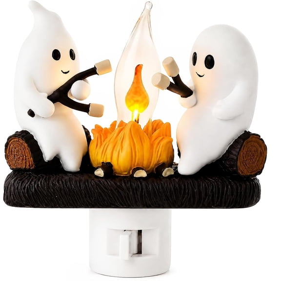 Ghost Campfire Night Light, Plug-In Wall Flickering Flame Nightlight, 3D Resin Halloween Decoration for Bedroom and Hallway