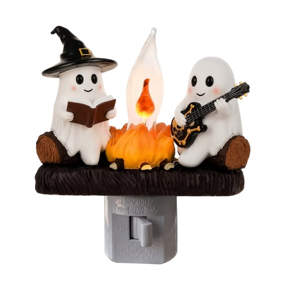Ghost Campfire Night Light, Plug-in Wall Flickering Flame Nightlight, Halloween 3D Cute Spooky Marshmallow Ghost Decoration for Bedroom, Spooky Season Home Halloween Decor for Kids Adults