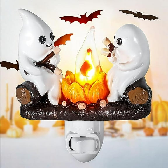 Ghost Campfire NightLight, Halloween Night Light, Ghost Campfire Flickering Nightlight, 3D LED Small Electric Faux Campfire Night Light Plug in, Halloween Indoor Decorations for Family Friends