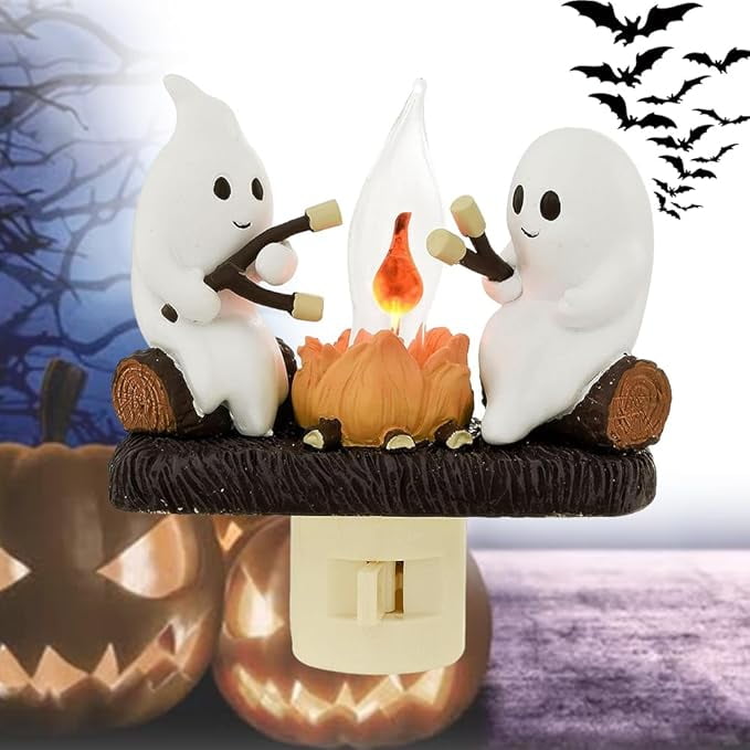 Ghost Campfire Night Light - Flickering LED Halloween Decor, Resin Ghosts Roasting Marshmallows, Cute Spooky Mood Light For Desk Or Shelf