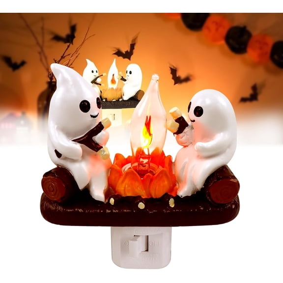 Ghost Campfire Nightlight,2024 Halloween Night Light Flickering,3D LED Fake Fire Spooky Wall Decor Ghost Roasting Marshmallow Plug,Lamp,Halloween Flameless Candle Party Decoration