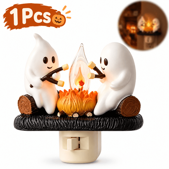 Ghost Campfire Plug-In Night Light with Flickering Flame Effect, Cute Halloween Nightlight for Bedroom, Kitchen & Party Decor, Battery-Free Wall Light(1Pcs)