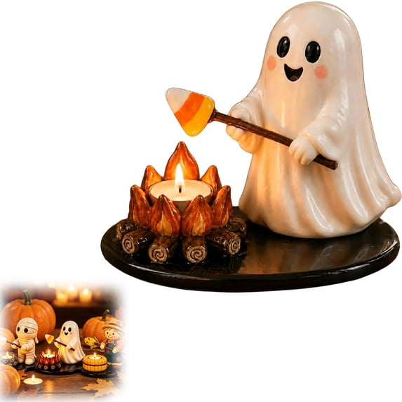 👻 Ghost Campfire Tealight Holder, Cute Ghost Candle Holder Halloween Resin Table Decoration for Shelf Mantel Coffee Station Fall Home Decor