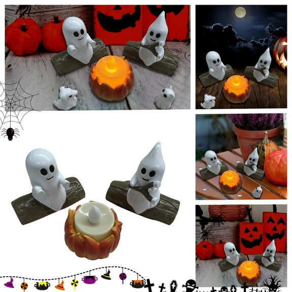 Ghost Campfires Gathering, Funny Ghosts Campfire Flickering Figurine Set, Cute Ghosts With Cat & Dog Roasting Marshmallows Statue Decor, For Home Spooky Theme Party & Halloween Decor,Halloween Gift