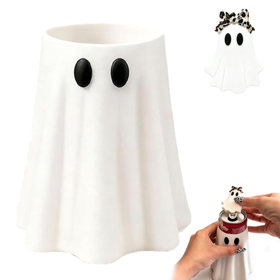 Ghost Can Holder with Bottle Opener - 3D Printed Halloween Beverage Sleeve, Durable Eco-PLA Ghost Drink Cozy & Cute Gothic Can Cooler Insulator for 12oz Slim Cans