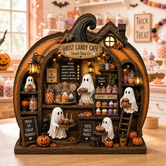 Ghost Candy Cafe Wooden Block Shelf Decor for Halloween