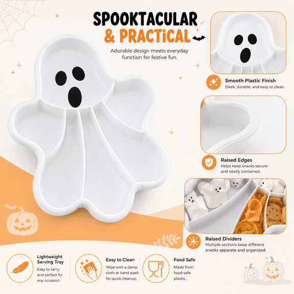 Ghost Candy Snack Tray, White Plastic Halloween Divided Serving Platter for Candy, Cookies, Chips, Nuts, Desserts, Summerween Party Table Decor