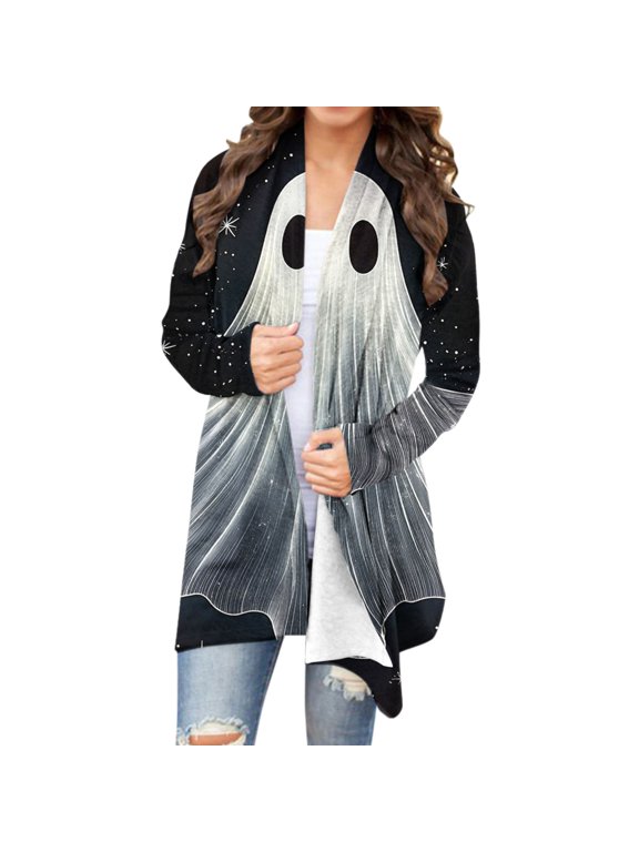 Ghost Cardigan Tops for Women Plus Size Halloween Open Front Cardigans Long Sleeve Cute Funny Shirts Gray 3XL