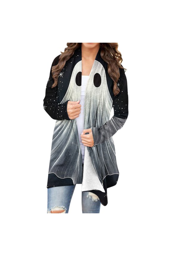 Ghost Cardigan Tops for Women Plus Size Halloween Open Front Cardigans Long Sleeve Cute Funny Shirts Gray 3XL