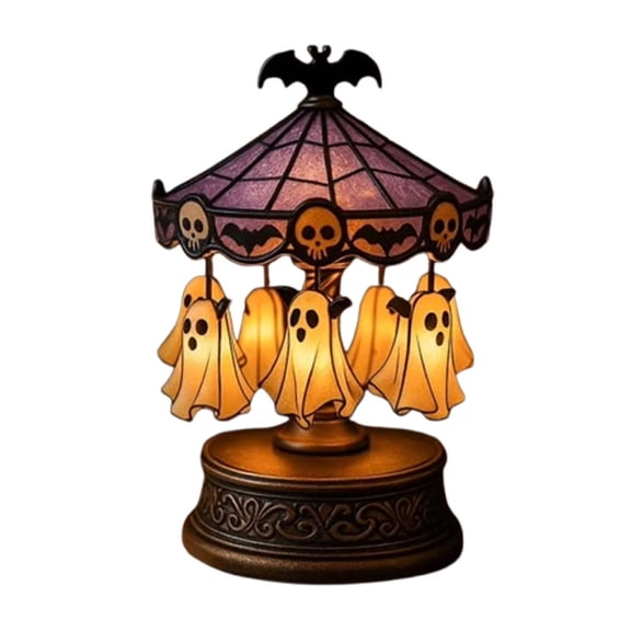 Ghost Carousel Lamp - Halloween Light Up Ghost Gift, Battery Powered Spooky Ghost Carousel Lamp with Floating Ghost Bats & Skeletons for Halloween Home Decoration(5.5"x7.5", not include battery)