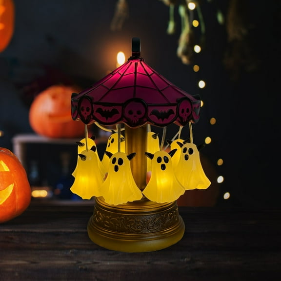 Ghost Carousel Light Halloween Desk Lamp with Stained Glass Circus Tent, Ghosts, Bats & Skeletons on Vintage Carved Base, Purple Night Light for Home Decor, 1 Pack