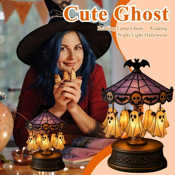 Ghost Carousel Light, Halloween Light Up Ghost Night Light Decorations Indoor, Spooky Rechargeable Ghost Reading Book Lamp Cute Ghost with Light for Bedroom Home Kitchen Mantel Tabletop