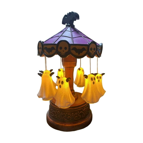 Ghost Carousel Lights,Halloween Ghost Night Light,Vintage Carousel Decor with Floating Ghost,Halloween Spooky Ghost Carousel Lamp Decorations Indoor, Stained Glass Circus Tent Night Light with Ghosts