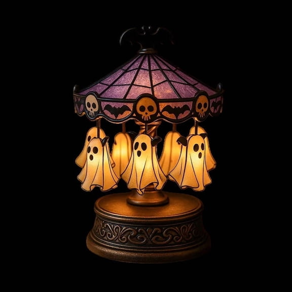 Ghost Carousel Lights - Halloween Rotating Night Light, Spooky Indoor Decor with LED, Battery Powered Spin Carousel for Home, Party, Festive Decoration