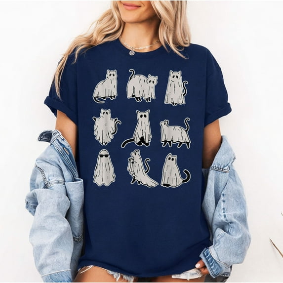 Ghost Cat Halloween Costume T-Shirt, Spooky Season T-Shirt, Fullsizes S-5XL Multicolors T-Shirt