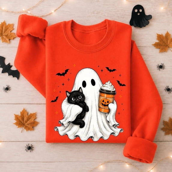 Ghost Cat Halloween Sweatshirt, Ghost Holding Black Cat Sweatshirt, Halloween Cat Lover Gift
