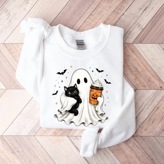 Ghost Cat Halloween Sweatshirt, Ghost Holding Black Cat Sweatshirt, Halloween Cat Lover Gift