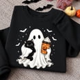 thumbnail image 1 of Ghost Cat Halloween Sweatshirt, Ghost Holding Black Cat Sweatshirt, Halloween Cat Lover Gift, 1 of 6