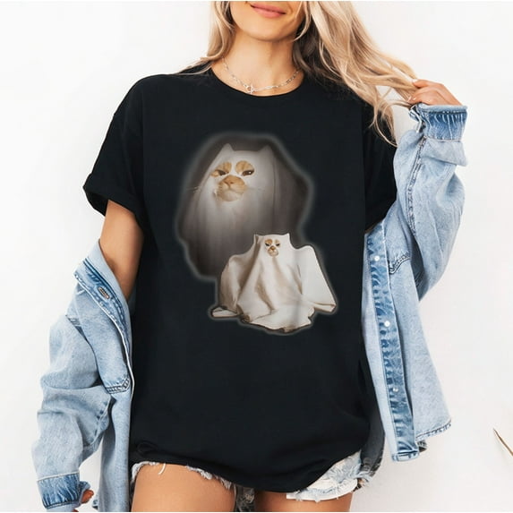 Ghost Cat Meme Halloween Costume T-Shirt, Silly Cat Halloween Tee, Multicolors, Size S-5XL