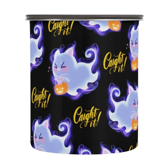 Ghost Cat Mouse Pumpkin Pattern Airtight Coffee Bean Canister 30oz Food Storage Containers with Lids For Gournd, Tea, Sugar, Flour, Rice, Cereal, Candy Cookie Jar