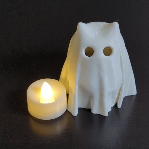 Ghost Cat with LED Tea Light Halloween Decoration, White, 1 Count