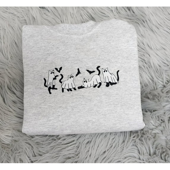Ghost Cats Halloween Embroidered Crewneck