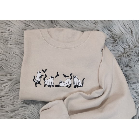 Ghost Cats Halloween Embroidered Crewneck