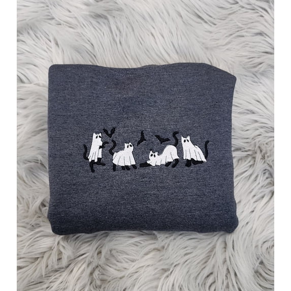 Ghost Cats Halloween Embroidered Crewneck